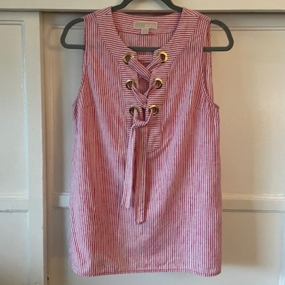 Women's Top/tank Sleeveless Stripes Medium Red White Tie Up Neckline Grommets